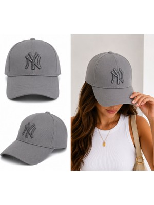 Gülümser Shop Gri Ny New York Nakışlı Unisex Beyzbol Şapkası – Ayarlanabilir Cırt Cırtlı Spor Şapka