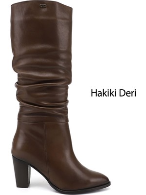 Gönderi(r) Kadın Kahve  Sivri Burun Kalın Topuklu Hakiki Deri Çizme