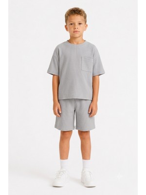 Monox Unisex 5-12 Yaş Petek Dokulu Oversize Yazlık Şort Tişört Takım