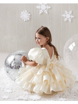 Masho Trend Kız Çocuk Saten Abiye Elbise | Kat Kat Fırfırlı Model | Fiyonklu - Içi Pamuklu Özel Gün Elbisesi