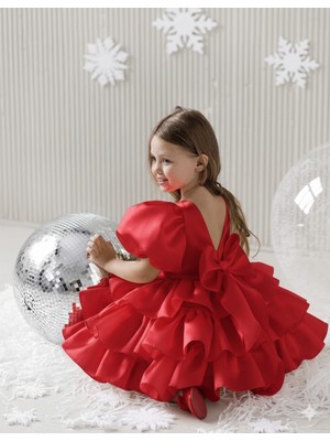 Masho Trend Kız Çocuk Saten Abiye Elbise | Kat Kat Fırfırlı Model | Fiyonklu - Içi Pamuklu Özel Gün Elbisesi