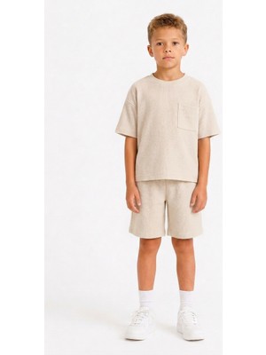 Monox Unisex 5-12 Yaş Petek Dokulu Oversize Yazlık Şort Tişört Takım