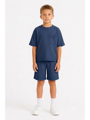 Monox Unisex 5-12 Yaş Petek Dokulu Oversize Yazlık Şort Tişört Takım