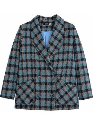 Retrobird 90'lar Retro Model Oversize Tasarım Ekose Ceket Kadın Mavi Gri