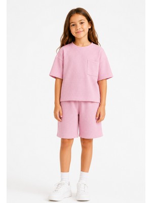 Monox Unisex 5-12 Yaş Petek Dokulu Oversize Yazlık Şort Tişört Takım