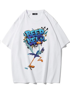 Brz Collection Unisex Oversize Beep Beep T-Shirt (Beyaz)