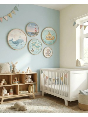 Huhuli 5'li Set Ahşap Huş Çerçeveli Yuvarlak Bebek Odası Çocuk Odası Mdf Tablo
