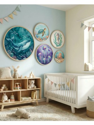 Huhuli 5'li Set Ahşap Huş Çerçeveli Yuvarlak Bebek Odası Çocuk Odası Mdf Tablo