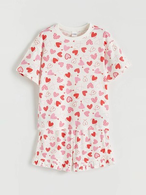 Lc Waikiki Yeni Sezon Kalp Baskılı Kız Çocuk Şortlu Pijama Takımı