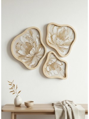 Huhuli 3 Parça Organik Şekilli Kabartma Görünümlü Modern Ahşap Çerçeveli Tablo Seti - Amorf Asimetrik Duvar Dekoru