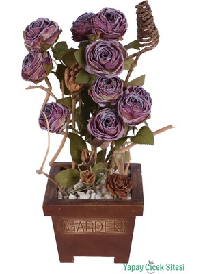 Yapay Çiçek Sitesi Ahşap Garden Saksıda Gerçek Görünümlü Yapay Gül Tanzimi 40 cm Mürdüm