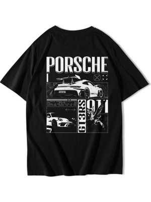 Brz Collection Unisex Oversize Porsche Retro Racing Graphic T-Shirt Siyah