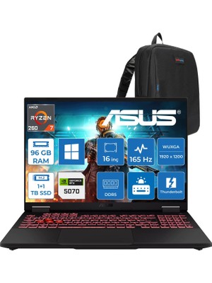 Asus Tuf Gaming A16 FA608UMI Amd Ryzen™ 7 260 Aı 96GB Ddr5 1tb Ssd+1tbssd 8GB/RTX5060 115W 16-Inch Fhd+ 1920 x 1200, 144Hz 3ms IPS-SRGB:100% WINDOWS11PRO Gaming Laptop WTU292P44+ZETTAÇANTA