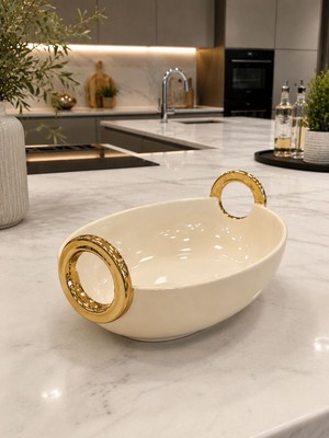 Arow Dekoratif Oval  Porselen Sunumluk Krem-30/21 cm