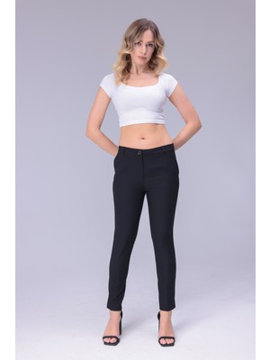 Cess Kadın Klasik Siyah Normal Bel Dar Paça Kumaş Pantolon Likralı Slim Fit Ofis ve Günlük Kullanım