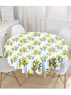 Die Grup Mavi Çizgili Limon Desenli Dijital Baskılı Yuvarlak Masa Örtüsü - Çap 140CM, MASAYUV-3106-140X140CM