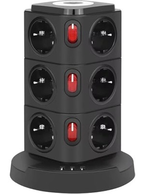 Die Grup Tower Tipi Akım Korumalı Priz - 12 Prizli ve 4 USB Girişli, Bireysel Anahtarlı, Kısa Devre Koruma, Masa Üstü Dikey Tasarım - Ev ve Ofis Için Düzenli Çözüm