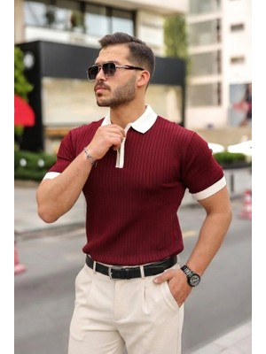Defy Moda Erkek Yaka ve Kol Detaylı Fermuar Yakalı Çizgi Desen Kısa Kollu Triko Tişört