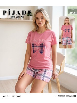 Yonca Outlet Pijama Takımı Kadın Kısa Kollu Şortlu %100 Pamuk Ev Giyim Rahat Yazlık Pijama Seti Pembe Ekose