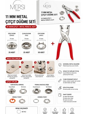 Mersi Shop 11 mm Metal Çıtçıt Düğme Seti | 25 Takım Çıtçıt + Metal Pense El Aleti