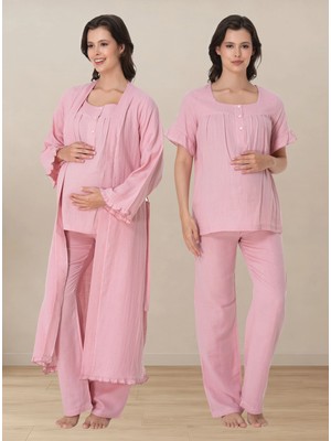 bylohusa Müslin Kumaş Sabahlıklı Hamile Lohusa Emzirme Pijama Takımı Effortt - Pembe