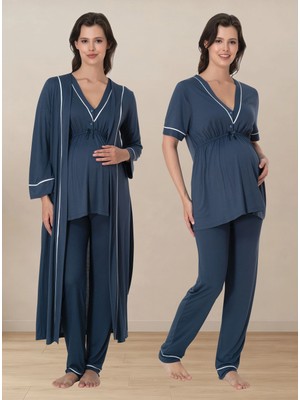 bylohusa Pamuklu Sabahlıklı Hamile Lohusa Emzirme Pijama Takımı Ayarlanabilir Bel Lastikli Effortt - Indigo