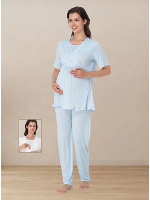bylohusa Kısa Kol Pamuklu Emzirme Detaylı Hamile Lohusa Pijama Takımı Effortt - Mavi