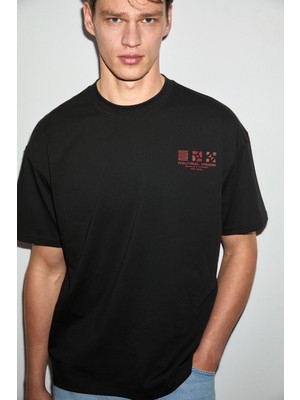 Grimelange Antonıo Erkek Baskı Detaylı %100 Organik Pamuk 3 Iplik Örme Oversize Siyah T-Shirt