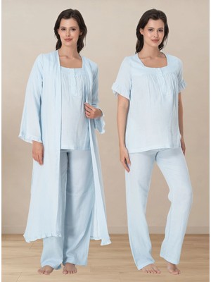 bylohusa Müslin Kumaş Sabahlıklı Hamile Lohusa Emzirme Pijama Takımı Effortt - Mavi