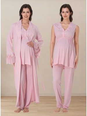 bylohusa Ayarlanabilir Bel Lastikli Sıfır Kol Sabahlıklı Hamile Lohusa Pijama Takımı Effortt - Pudra