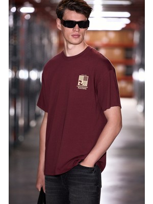 Grimelange Antonıo Erkek Baskı Detaylı %100 Organik Pamuk 3 Iplik Örme Oversize Bordo T-Shirt