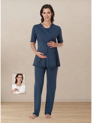 bylohusa Kısa Kol Pamuklu Emzirme Detaylı Hamile Lohusa Pijama Takımı Effortt - Indigo