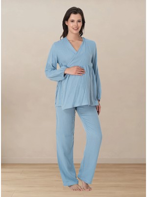 bylohusa Uzun Kol Müslin Kumaş Emzirme Özellikli Hamile Lohusa Pijama Takımı Effortt - Indigo