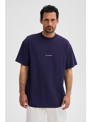 Grimelange Rıver Erkek Oversize Fit Bol Kesim Nakış Işlemeli Basic Örme Koyu Mor T-Shirt