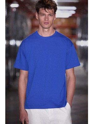 Grimelange Jett Erkek Oversize Fit %100 Organik Pamuk Kalın Dokulu Bisiklet Yakalı Koyu Mavi T-Shirt
