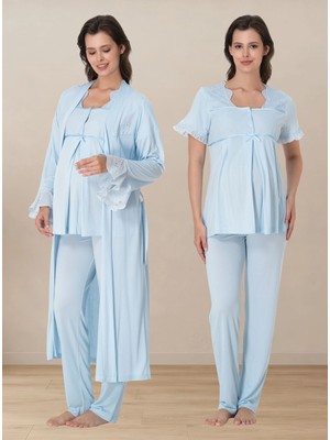 bylohusa Ayarlanabilir Bel Lastikli Kısa Kol Sabahlıklı Hamile Lohusa Pijama Takımı Effortt - Mavi