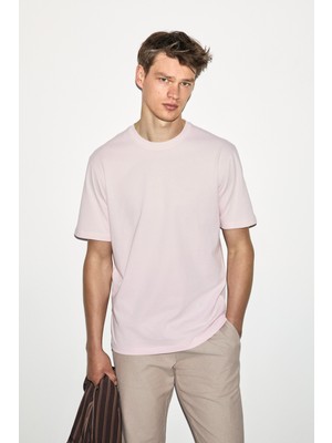 Grimelange Solo Erkek %100 Organik Pamuklu Kalın Dokulu Comfort Fit Bisiklet Yakalı Pembe T-Shirt