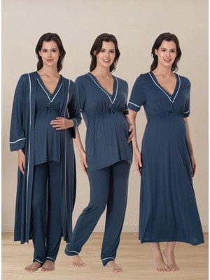 bylohusa Hamilelik ve Lohusalık Dönemi Pamuklu Set 4 Parça Effortt - Indigo