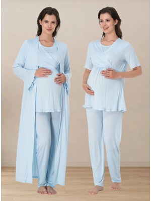 bylohusa Yumuşak Dokulu Pamuklu Sabahlıklı Hamile Lohusa Pijama Takımı Effortt - Mavi