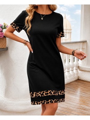 Veraura Lifestyle Kadın Kısa Kollu Bisiklet Yaka Leopar Şerit Detaylı Kısa Modal Elbise