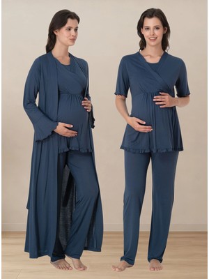 bylohusa Yumuşak Dokulu Pamuklu Sabahlıklı Hamile Lohusa Pijama Takımı Effortt - Indigo