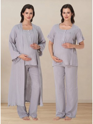 bylohusa Müslin Kumaş Sabahlıklı Hamile Lohusa Emzirme Pijama Takımı Effortt - Gri