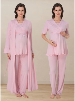 bylohusa Yumuşak Dokulu Pamuklu Sabahlıklı Hamile Lohusa Pijama Takımı Effortt - Pembe