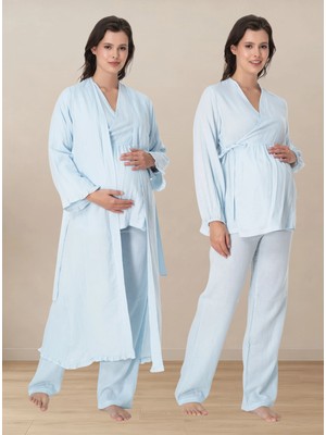 bylohusa Rahat Kesim Müslin Kumaş Emzirme Özellikli Sabahlıklı Hamile Lohusa Pijama Takımı Effortt - Mavi