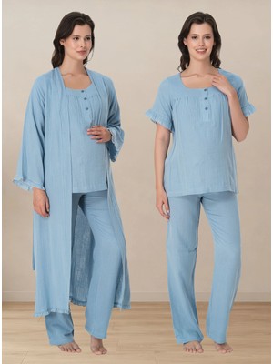 bylohusa Müslin Kumaş Sabahlıklı Hamile Lohusa Emzirme Pijama Takımı Effortt - Indigo