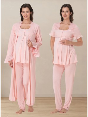 bylohusa Ayarlanabilir Bel Lastikli Kısa Kol Sabahlıklı Hamile Lohusa Pijama Takımı Effortt - Pudra