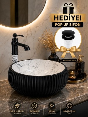 FUALORA Banyo Seramik Çanak Lavabo 40*40*12 cm Pop Up Hediyeli