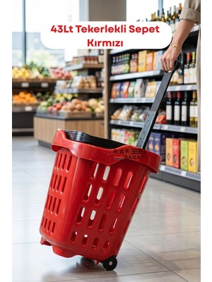 Raf Sanatı 43 Lt Tekerlekli Market Sepeti | Plastik Alışveriş Sepeti Ergonomik Çift Saplı Kırmızı