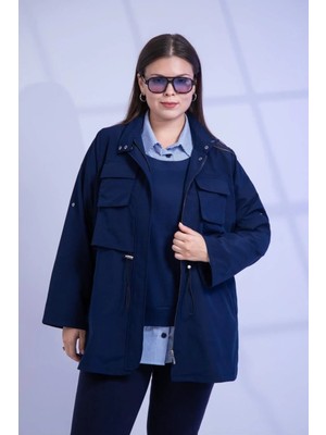 Roxxlen Kadın Büyük Beden Cep Detaylı Trençkot Ceket