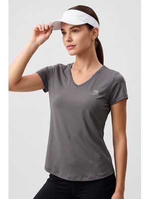 Tommy Life Gri Basic Kısa Kol Standart Kalıp V Yaka Kadın T-Shirt - 97145